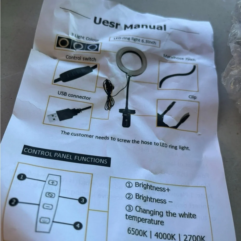Led ring light set with clip. 6 inches new